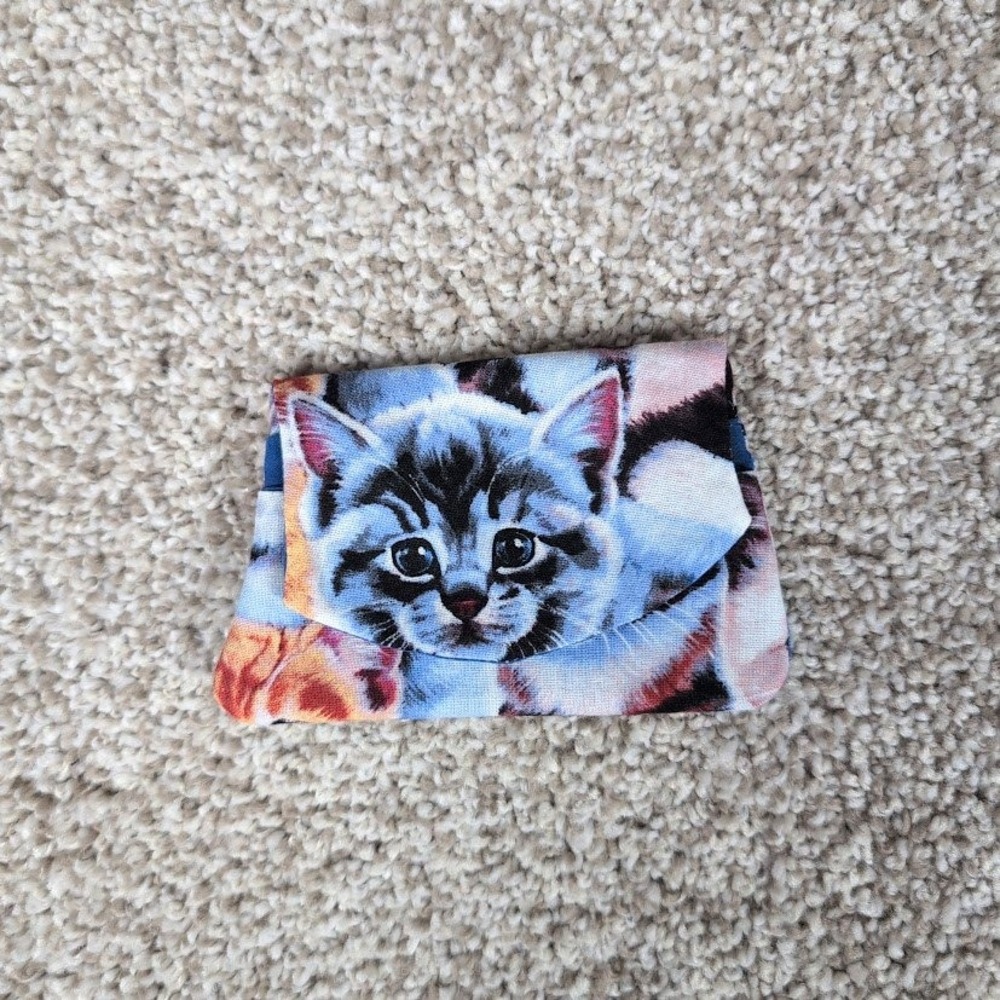 Cute Gray Kitten Print Blue Pocket Wallet Credit Card Holder Handmade travel